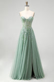 Robe de soirée longue sauge poussiéreux à paillettes, avec corset, appliqués floraux, en tulle, sans bretelles et avec fente