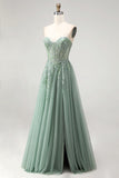 Robe de soirée longue sauge poussiéreux à paillettes, avec corset, appliqués floraux, en tulle, sans bretelles et avec fente