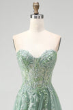 Robe de soirée longue sauge poussiéreux à paillettes, avec corset, appliqués floraux, en tulle, sans bretelles et avec fente