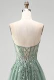 Robe de soirée longue sauge poussiéreux à paillettes, avec corset, appliqués floraux, en tulle, sans bretelles et avec fente