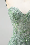 Robe de soirée longue sauge poussiéreux à paillettes, avec corset, appliqués floraux, en tulle, sans bretelles et avec fente