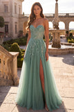 Robe de soirée longue sauge poussiéreux à paillettes, avec corset, appliqués floraux, en tulle, sans bretelles et avec fente