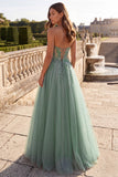 Robe de soirée longue sauge poussiéreux à paillettes, avec corset, appliqués floraux, en tulle, sans bretelles et avec fente