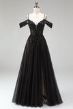 Robe de soirée longue à épaules dénudées en tulle noir, ligne A, avec paillettes