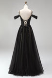 Robe de soirée longue à épaules dénudées en tulle noir, ligne A, avec paillettes