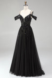 Robe de soirée longue à épaules dénudées en tulle noir, ligne A, avec paillettes