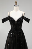 Robe de soirée longue à épaules dénudées en tulle noir, ligne A, avec paillettes