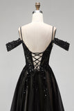 Robe de soirée longue à épaules dénudées en tulle noir, ligne A, avec paillettes