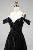 Robe de soirée longue à épaules dénudées en tulle noir, ligne A, avec paillettes