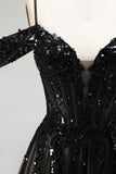 Robe de soirée longue à épaules dénudées en tulle noir, ligne A, avec paillettes