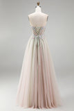 Robe de soirée longue rose poussiéreuse en tulle ligne A avec des appliqués floraux, un corset à strass et une fente