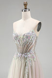 Robe de soirée longue rose poussiéreuse en tulle ligne A avec des appliqués floraux, un corset à strass et une fente