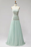 Robe longue de bal de bal plissée en chiffon plissé en chiffon A-Line avec perles