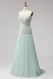 Robe longue de bal de bal plissée en chiffon plissé en chiffon A-Line avec perles