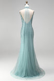 Robe longue de soirée en tulle à col V avec perles, coupe sirène gris-vert et collier ras-du-cou