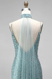 Robe longue de soirée en tulle à col V avec perles, coupe sirène gris-vert et collier ras-du-cou