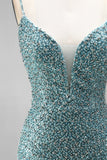 Robe longue de soirée en tulle à col V avec perles, coupe sirène gris-vert et collier ras-du-cou