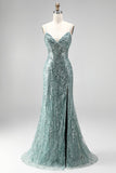 Robe de soirée longue verte poussiéreuse à paillettes, avec des perles, à col V et à fines bretelles, coupe sirène avec une fente