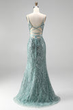 Robe de soirée longue verte poussiéreuse à paillettes, avec des perles, à col V et à fines bretelles, coupe sirène avec une fente