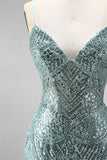 Robe de soirée longue verte poussiéreuse à paillettes, avec des perles, à col V et à fines bretelles, coupe sirène avec une fente