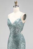 Robe de soirée longue verte poussiéreuse à paillettes, avec des perles, à col V et à fines bretelles, coupe sirène avec une fente