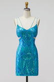 Sequins turquoise découpés à bretelles fines robe courte bodycon Homecoming