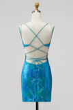 Sequins turquoise découpés à bretelles fines robe courte bodycon Homecoming