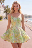 Corset vert A-Line Sequins Robe courte de rentrée
