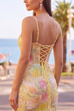 Sequins jaune clair appliqués Straps fines bodycon Courte robe de rentrée à la maison
