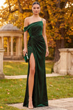 Robe de cérémonie longue vert foncé à perles, asymétrique, coupe fourreau