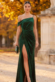 Robe de cérémonie longue vert foncé à perles, asymétrique, coupe fourreau