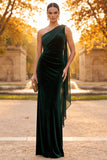 Robe de cérémonie longue coupe fourreau vert foncé à une épaule avec un drapé
