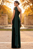 Robe de cérémonie longue coupe fourreau vert foncé à une épaule avec un drapé