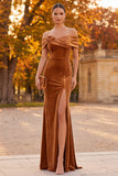 Robe de cérémonie longue marron en velours coupe fourreau à épaules dénudées avec fente