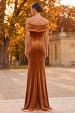 Robe de cérémonie longue marron en velours coupe fourreau à épaules dénudées avec fente