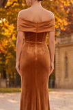 Robe de cérémonie longue marron en velours coupe fourreau à épaules dénudées avec fente