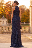 Robe de cérémonie longue coupe fourreau bleu marine avec de fines franges
