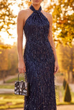 Robe de cérémonie longue coupe fourreau bleu marine avec de fines franges