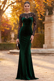 Robe de cérémonie longue à manches longues en velours coupe sirène avec effet illusion et dentelle