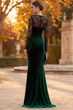 Robe de cérémonie longue à manches longues en velours coupe sirène avec effet illusion et dentelle