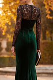 Robe de cérémonie longue à manches longues en velours coupe sirène avec effet illusion et dentelle