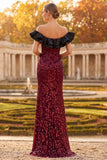 Coupe fourreau bourgogne à épaules dénudées, à paillettes et à volants, longue robe de cérémonie avec fente latérale