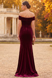 Robe de cérémonie longue en velours bourgogne coupe sirène à épaules dénudées