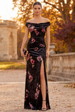 Robe de cérémonie longue noire en velours à épaules dénudées avec fente latérale
