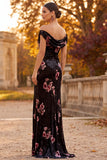 Robe de cérémonie longue noire en velours à épaules dénudées avec fente latérale