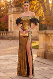 Robe de cérémonie longue dorée à paillettes à épaules dénudées avec un noeud