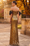 Robe de cérémonie longue dorée à paillettes à épaules dénudées avec un noeud