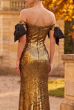 Robe de cérémonie longue dorée à paillettes à épaules dénudées avec un noeud