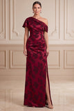 Robe de la mariée Jaquard Maxi à une épaule à fourreau bourgogne asymétrique avec fente latérale