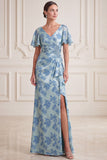 Robe de mère de mariée à manches froncées à fourreau gris-bleu à fourreau en V à manches fronçées